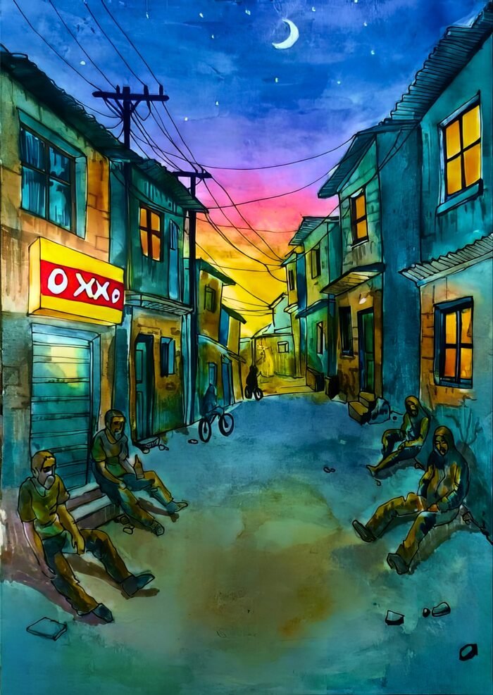 Tijuana Alley — colored waterbrush art by Manzura Xotamova